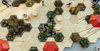 Betonnen plein getransformeerd tot stadstuin met bijenkorfpatroon