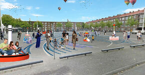 Grauw stadsplein verandert in golvende watermassa